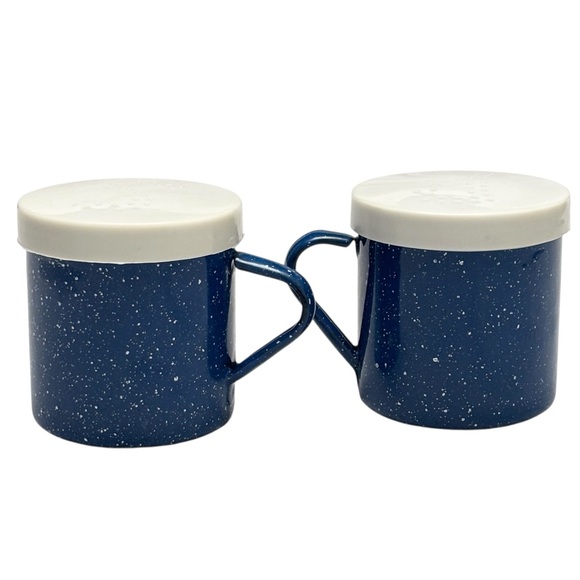 VTG Claim 49 Hand Painted Alaska Scene Blue Enamelware Salt & Pepper Shakers - Picture 5 of 10